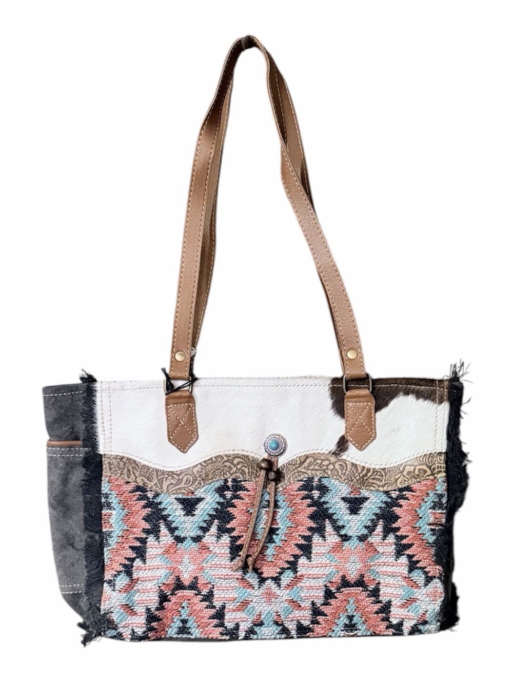 Myra Bag Pink & Turquoise Aztec Tote with Tan Straps